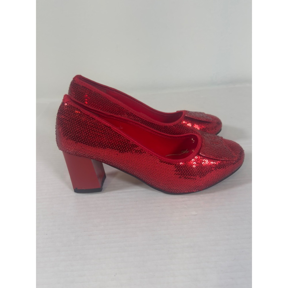 Red Sequin Bow Block Heel Pumps Womens Size 7 Red Sparkly Costume